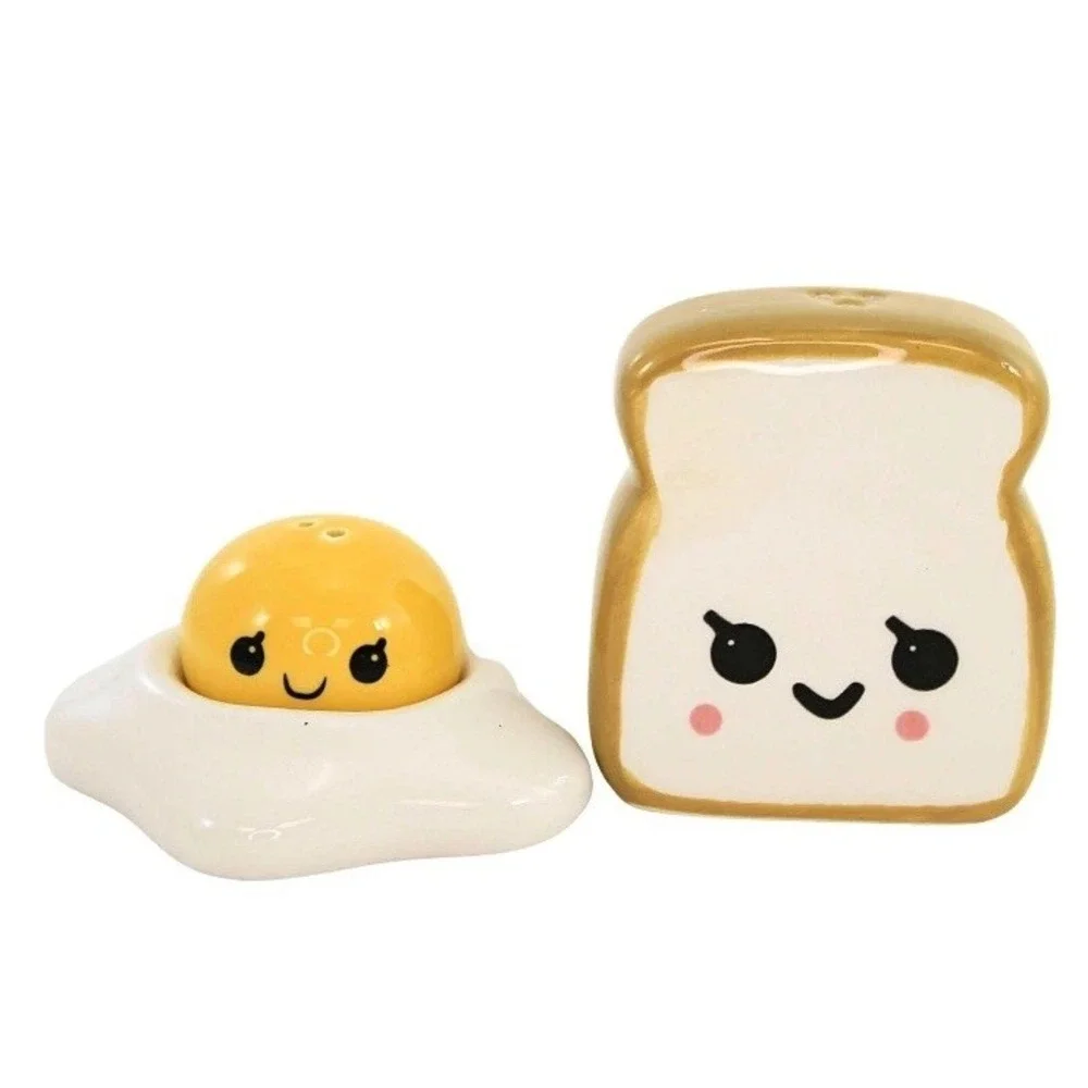 One Hundred 80 Degrees Ceramic Salt & Pepper Set‎ Fried Egg Toast NIB